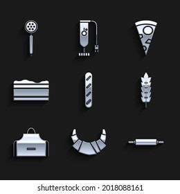 Set French baguette bread, Croissant, Rolling pin, Cereals with rice, wheat, corn, oats, rye, Kitchen apron, Brownie chocolate cake, Slice of pizza and Strainer spoon icon. Vector