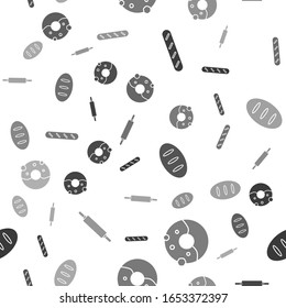 Set French baguette bread , Donut with sweet glaze , Bread loaf  and Rolling pin  on seamless pattern. Vector