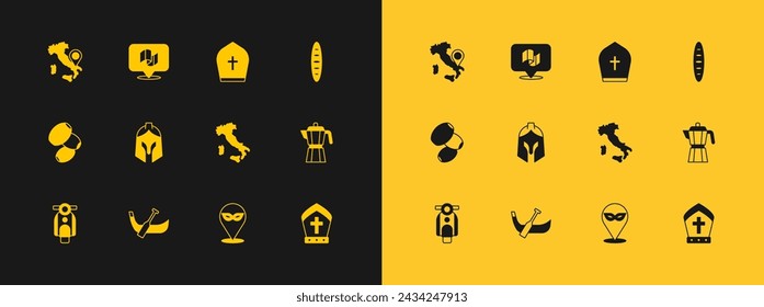 Set French baguette bread, Gondola boat, Map of Italy, Carnival mask, Roman army helmet, Pope hat,  and Flag icon. Vector