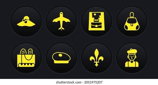 Set French baguette bread, Handbag, beret, Fleur De Lys, Plane, man and Elegant women hat icon. Vector