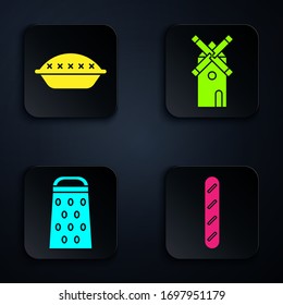 Set French baguette bread , Homemade pie , Grater  and Windmill . Black square button. Vector