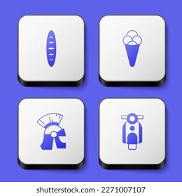 Set French baguette bread, Ice cream in waffle, Roman army helmet and Scooter icon. White square button. Vector