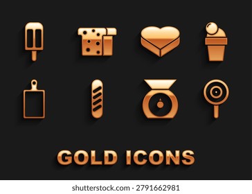 Set French baguette bread, Ice cream, Lollipop, Scales, Cutting board, Candy heart shaped box,  and Bread toast icon. Vector