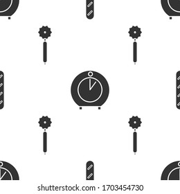 Set French baguette bread , Kitchen timer  and Pizza knife  on seamless pattern. Vector