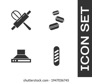 Set French baguette bread, Kitchen whisk and rolling pin, extractor fan and Macaron cookie icon. Vector