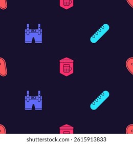 Set French baguette bread, Lederhosen, Signboard with glass of beer and Steak meat on seamless pattern. Vector