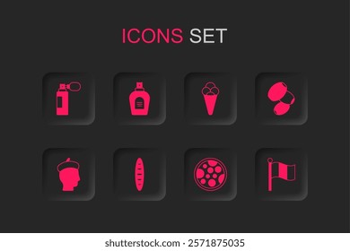 Set French baguette bread, Perfume, Pizza, Olives, Flag Italy, Ice cream in waffle and man icon. Vector