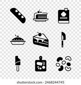 Set French baguette bread, Piece of cake, Cookbook, Ice cream, Cutting board, Jelly candy, Homemade pie and  icon. Vector