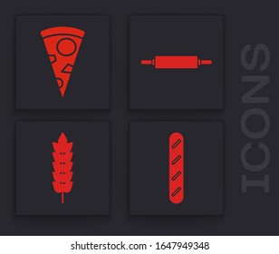 Set französisches Baguette Brot , Slice of Pizza , Rolling-Pin und Getreide mit Reis, Weizen, Mais, Hafer, Roggen-Symbol. Vektorillustration