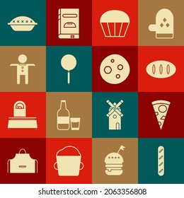 Set French baguette bread, Slice of pizza, Bread loaf, Muffin, Frying pan, Holiday gingerbread man cookie, Homemade pie and Cookie or biscuit with chocolate icon. Vector