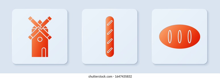 Set French baguette bread , Windmill  and Bread loaf . White square button. Vector