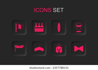 Set French beret, Bottles of wine, Flag Italy, Roman army helmet, Carnival mask, Macaroni, baguette bread and  icon. Vector