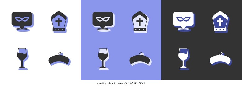 Set French beret, Carnival mask, Wine glass and Pope hat icon. Vector