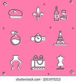 Set French beret, Fleur De Lys, Wine bottle with cheese, Perfume, Wrist watch, Eiffel tower, Frog legs and baguette bread icon. Vector