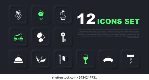 Set French beret, Wine corkscrew, Olives, glass, Scooter, Gondola boat, Pope and Flag Italy icon. Vector