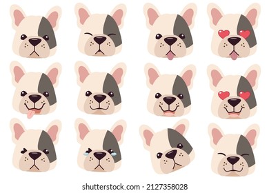 Set of french bull dog emotions. Funny Smiling and angry, sad and delight dog. Face of dog cartoon emoji. Illustration about kawaii animal and pet in flat vector style.