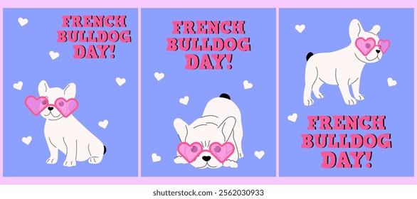 Set with French bulldog day cards in heart sunglasses. Flat vector illustrations.