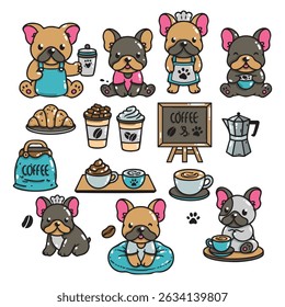 Set of French bulldogs with a coffee shop theme in various poses with hand-drawn vector illustrations. Doodle flat art style, isolated and easy to use for creative projects and designs.