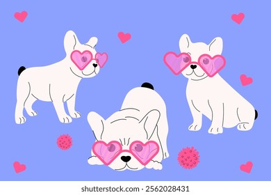 Set with French bulldogs in heart sunglasses. Flat vector illustration.