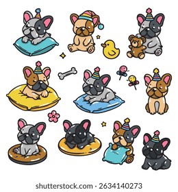 Set of French bulldogs with a party theme in various poses with hand-drawn vector illustrations. Doodle flat art style, isolated and easy to use for creative projects and designs.