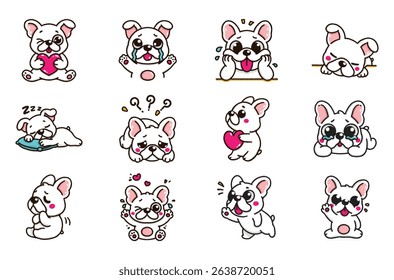 Set of French bulldogs in various poses with hand-drawn vector illustrations. Doodle flat art style, isolated and easy to use for creative projects and designs.