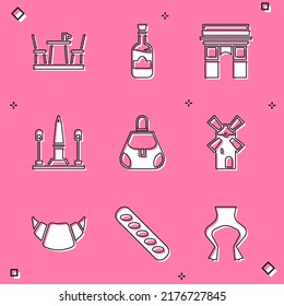 Set French cafe, Bottles of wine, Triumphal Arch, Place De La Concorde, Handbag, Windmill, Croissant and baguette bread icon. Vector