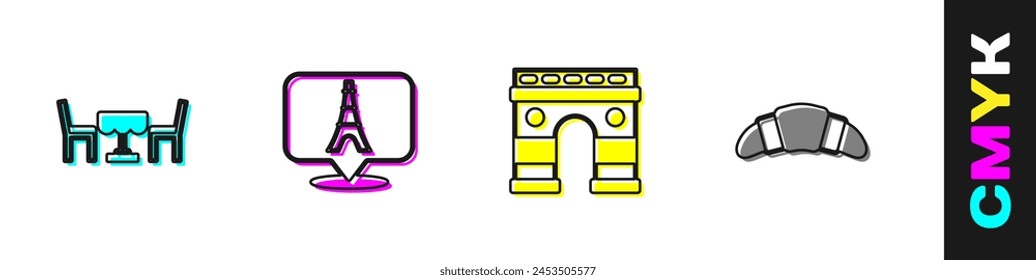 El establecimiento alberga una cafetería francesa, la torre Eiffel, el arco del triunfo y el icono de un croissant. Vector