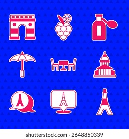 Set French cafe, Eiffel tower, Museum building, Umbrella for beach, Perfume and Triumphal Arch icon. Vector