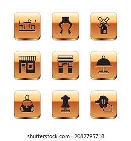 Set French cafe, Handbag, Mannequin, Triumphal Arch, Coffee shop, Windmill, Poodle dog and Frog legs icon. Vector