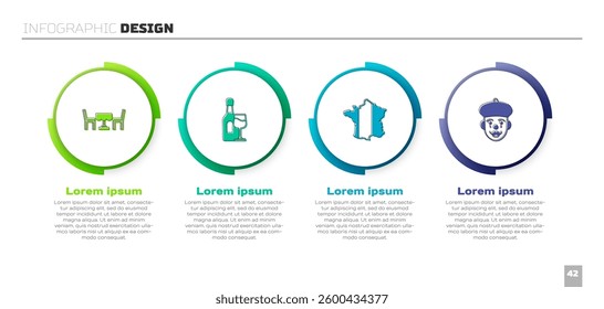 Set French cafe, Wine bottle with glass, Map of France and mime. Business infographic template. Vector