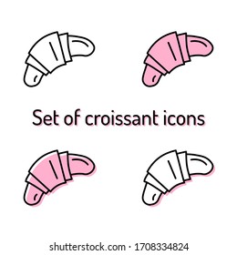 Set of french croissant icons with black outline on white background. Four icons: contour only, pink fill, offset fill and white fill with pink shadow. Perfect for sweet shops, cafes, pattiseries