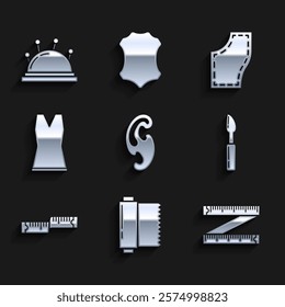 Set French curves, Textile fabric roll, Tape measure, Cutter tool, Woman dress, Sewing Pattern and Needle bed and needles icon. Vector