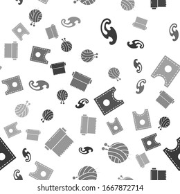 Set French curves, Yarn ball with knitting needles, Sewing Pattern and Textile fabric roll on seamless pattern. Vector