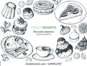 Un conjunto de postres franceses con canele, Ispahan, crepes, chocolate religiosamente, paris brest, tarta de higo. El marco de la cocina francesa. Plantilla de diseño de menú de comida. Dibujo manual de ilustración vectorial.