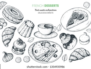 A set of french desserts with canele, Ispahan, crepes, chocolate religieuse, paris brest, fig tart. French cuisine top view frame. Food menu design template. Hand drawn sketch vector illustration