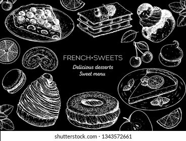 A set of french desserts with clafoutis, mont blanc, paris brest, lemon tart, mille-feuille, macaron . French cuisine top view frame. Food menu design template. Hand drawn sketch vector illustration. 