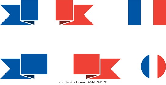 Set of French Flag or Flag of France including Short and Long Folded Ribbon Banner Style, Standard Plain and Round Shapes. Vector Image.