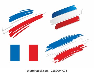 Conjunto de banderas francesas, en diferentes estilos - diseño correcto, de brocha, de marcador y de swoosh. Representa el estado de Francia