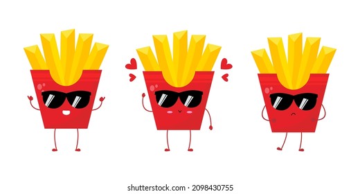 Set of french fries character with funny expression, cool sunglasses , potato isolated on white background, simple minimal style, for mascot or emoticon collection