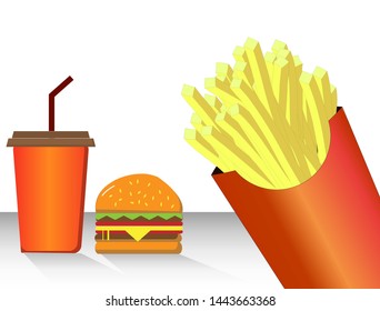 A set of french fries , cheeseburger and cola drink, isolated on gradient white background.  Side view , Vector Illustration