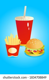 Set of French fries and Cola and sandwich. Fast food kit.