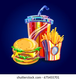 Set of French fries and Cola and sandwich. Fast food kit. Vector illustration. 
