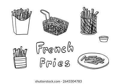 Set of French fries in doodle style. Fast food. Street food. Great for menu design. Hand drawn