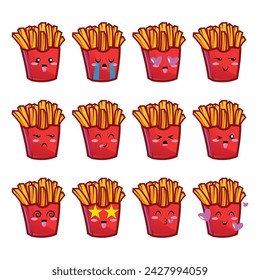 Set french fries emojis Collection of emoticons in cartoon style isolated on white background, vector illustration