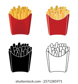 Set of French fries. Fast food. Fried potatoes. A popular snack. Color icon, silhouette, outline. Vector illustration.