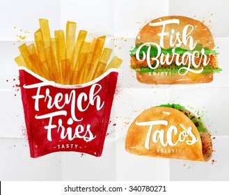 Set Of French Fries, Fish Burger And  Tacos Drawing With Color Paint On Crumpled Paper.