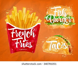 Set of french fries, fish burger and tacos drawing with color paint on orange background.