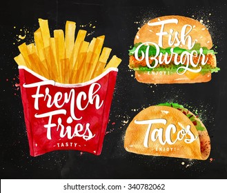 Set of french fries, fish burger and tacos drawing with color paint on chalkboard.