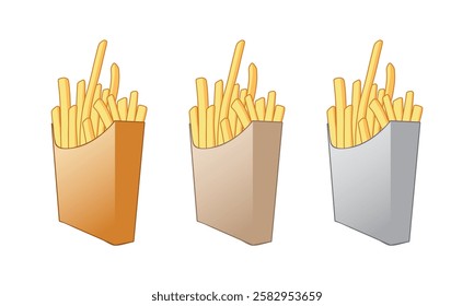 Set of French fries or fried potatoes in a carton boxes isolated on white background.