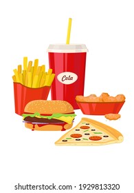 Set of French fries, hamburger, nuggets, pizza and soda on isolated background. Colorful concept fast food on a white background.